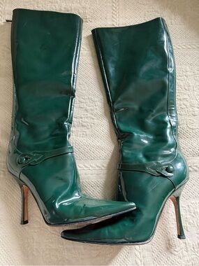 Jimmy Choo Glossy Deep Green Patent Knee-High Stiletto Boots